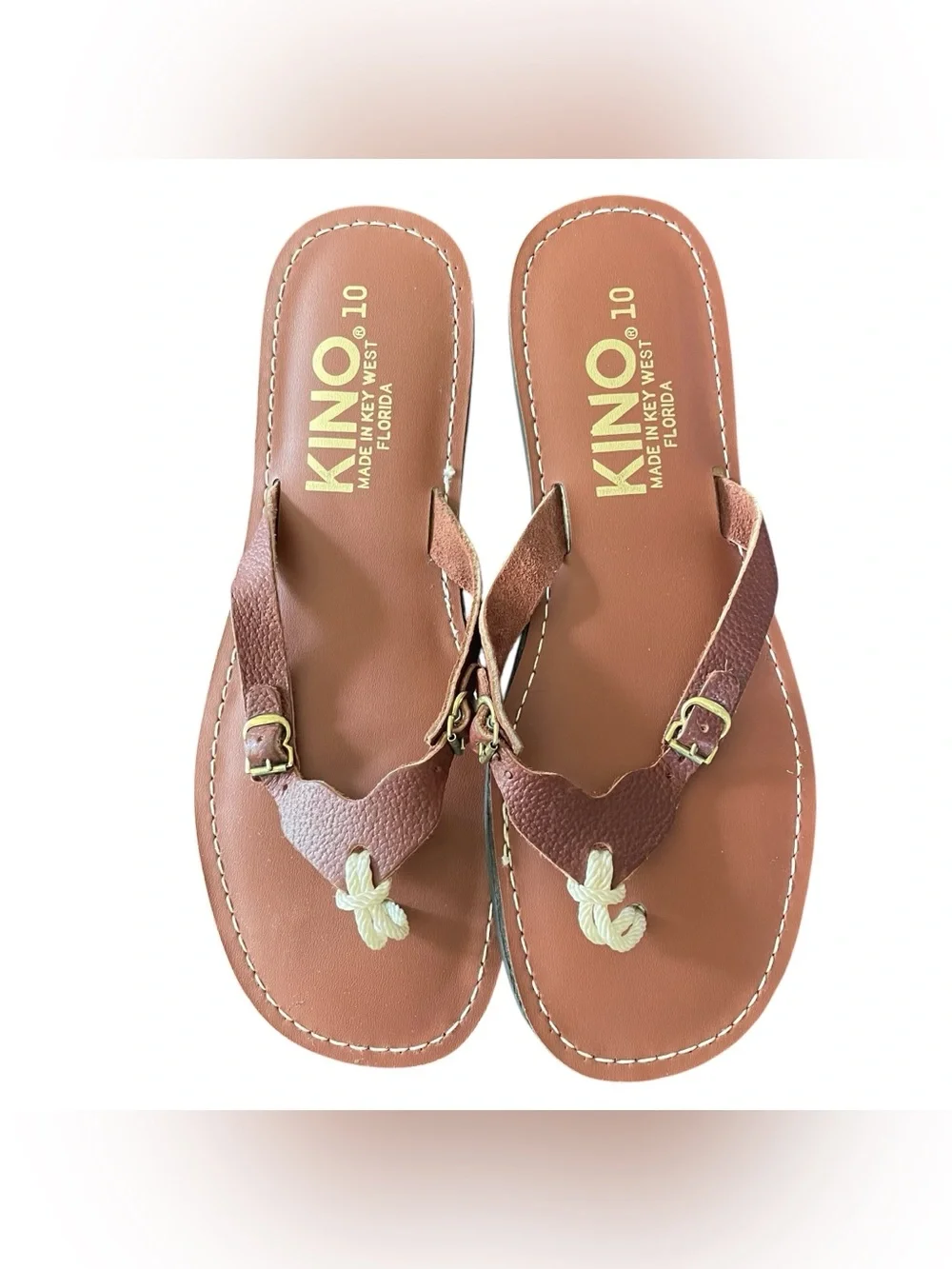 Kino Key West Women Leather Flip Flops Brown Slide Sandals Size 10 Handmade Boho - Picture 1 of 8